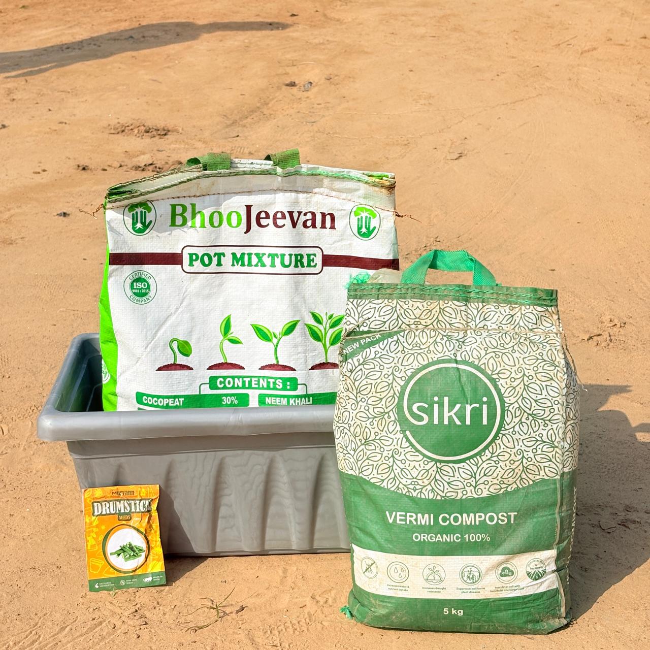 Moringa / Drumstick / Sahjan Grow Kit - 17 Inch Grey Window Planter + 10Kg Soil Potting Mix + 5 Kg Vermicompost (Brands may vary)