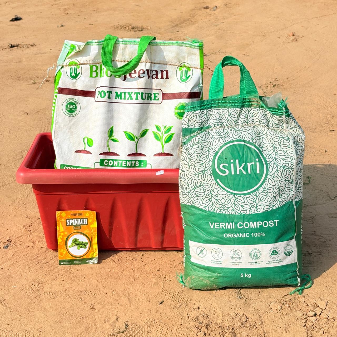 Spinach / Palak Grow Kit - 17 Inch Terracotta Red Window Planter + 10Kg Soil Potting Mix + 5 Kg Vermicompost (Brands may vary)