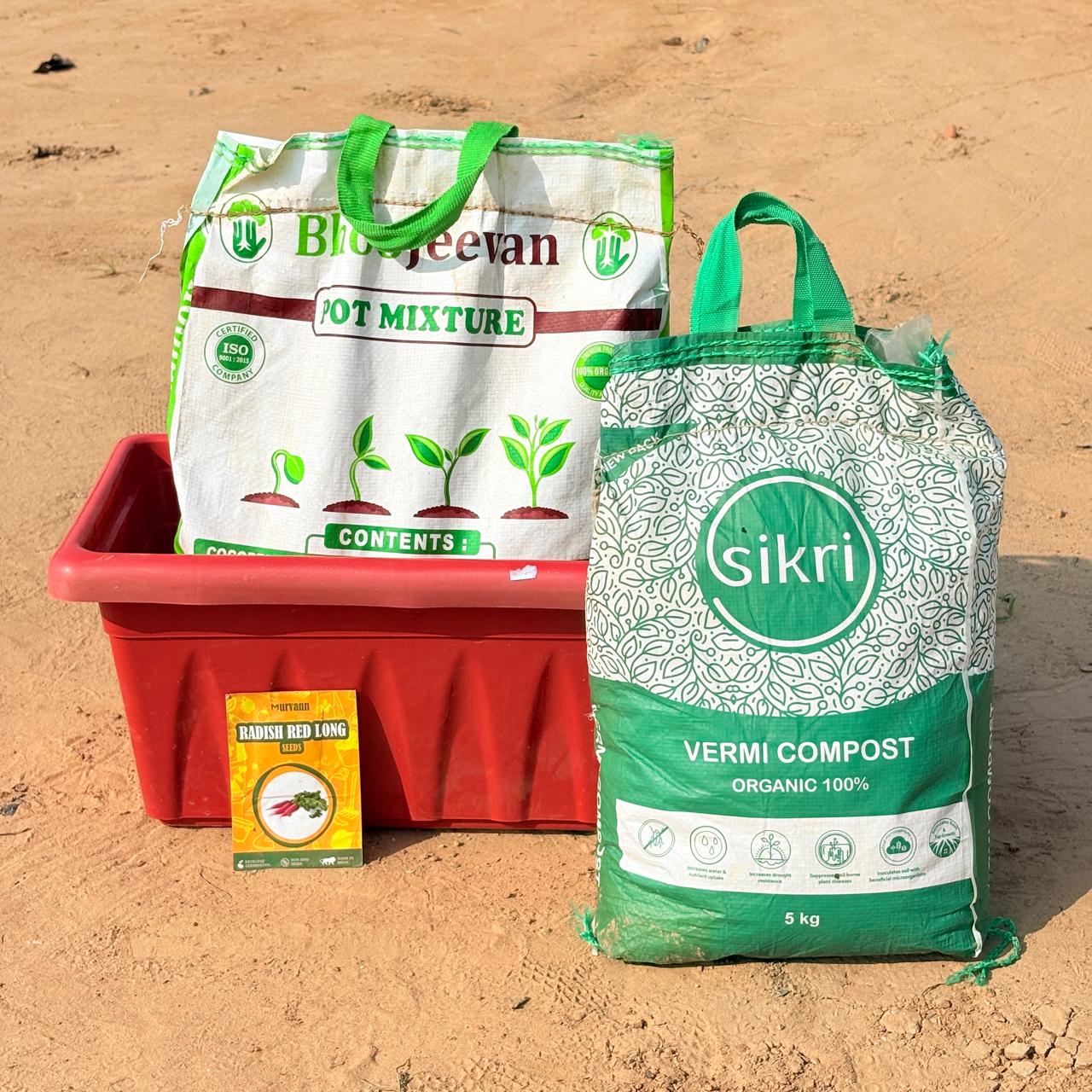 Radish Red round Grow Kit - 17 Inch Terracotta Red Window Planter + 10Kg Soil Potting Mix + 5 Kg Vermicompost (Brands may vary)