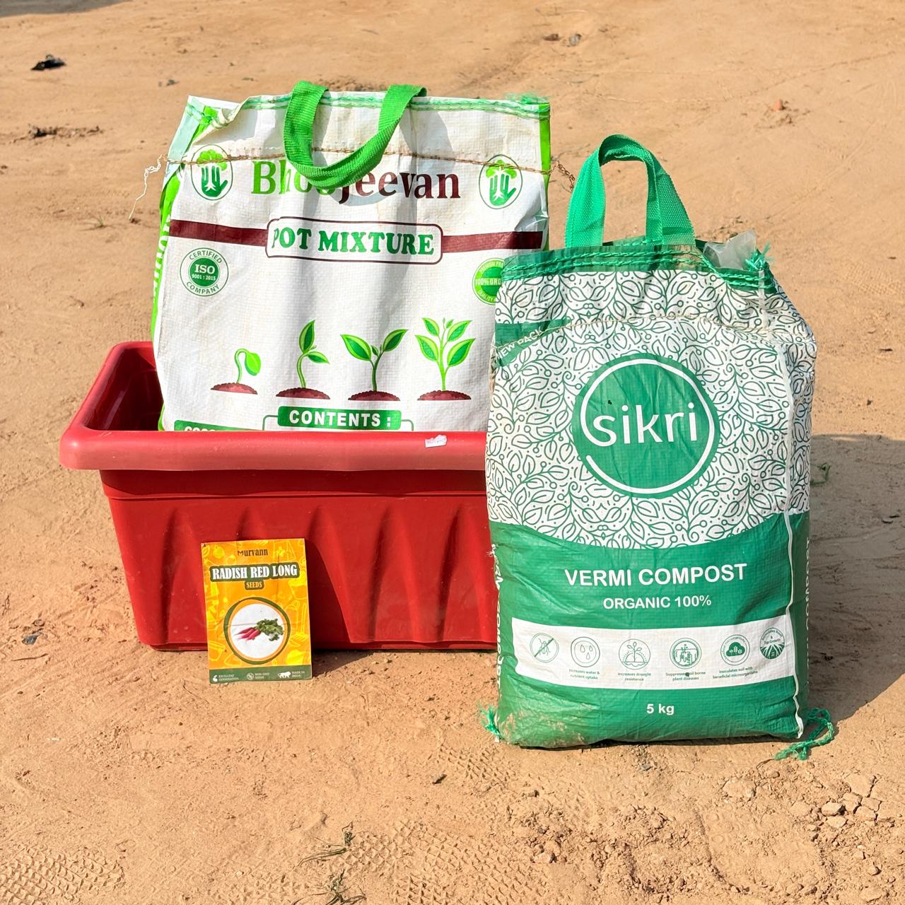Radish Red Long Grow Kit - 17 Inch Terracotta Red Window Planter + 10Kg Soil Potting Mix + 5 Kg Vermicompost (Brands may vary)
