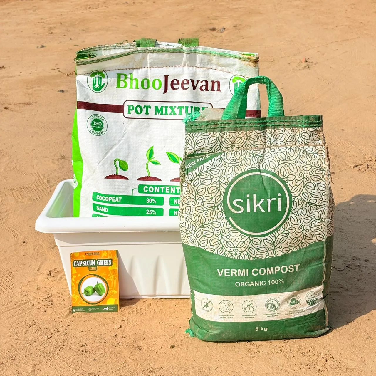 Capsicum Green Grow Kit - 20 Inch White Window Planter + 10Kg Soil Potting Mix + 5 Kg Vermicompost (Brands may vary)
