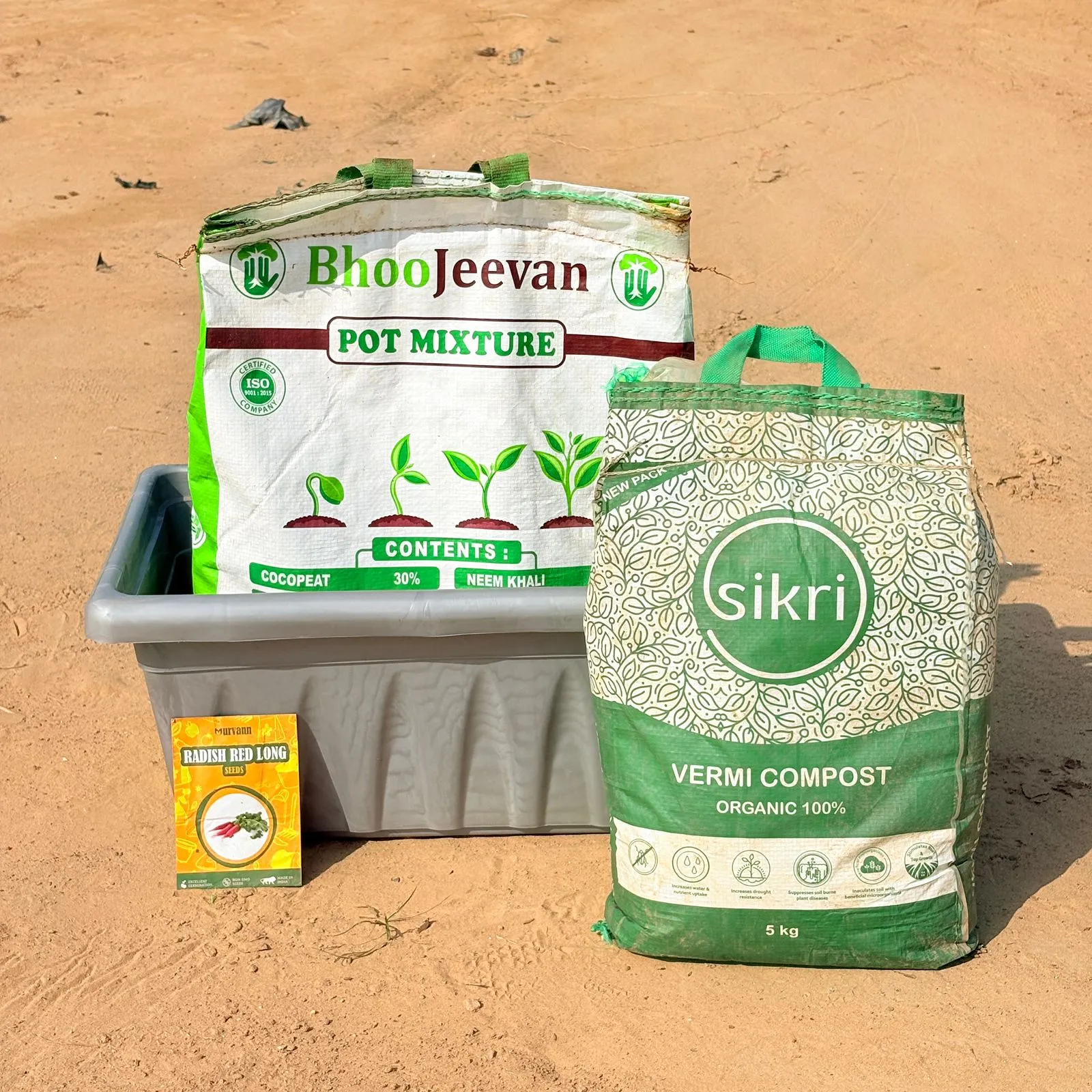 Radish Red Long Grow Kit - 17 Inch Grey Window Planter + 10Kg Soil Potting Mix + 5 Kg Vermicompost (Brands may vary)