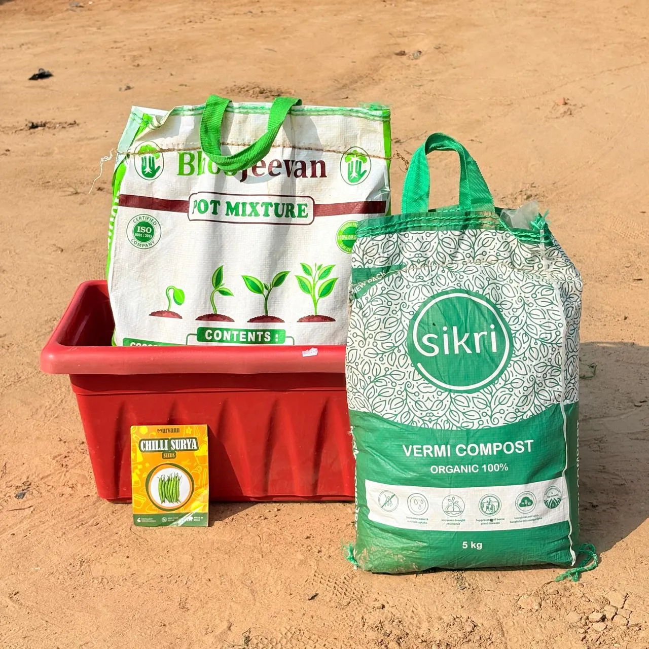 Chilli / Mirchi Surya Grow Kit - 17 Inch Terracotta Red Window Planter + 10Kg Soil Potting Mix + 5 Kg Vermicompost (Brands may vary)