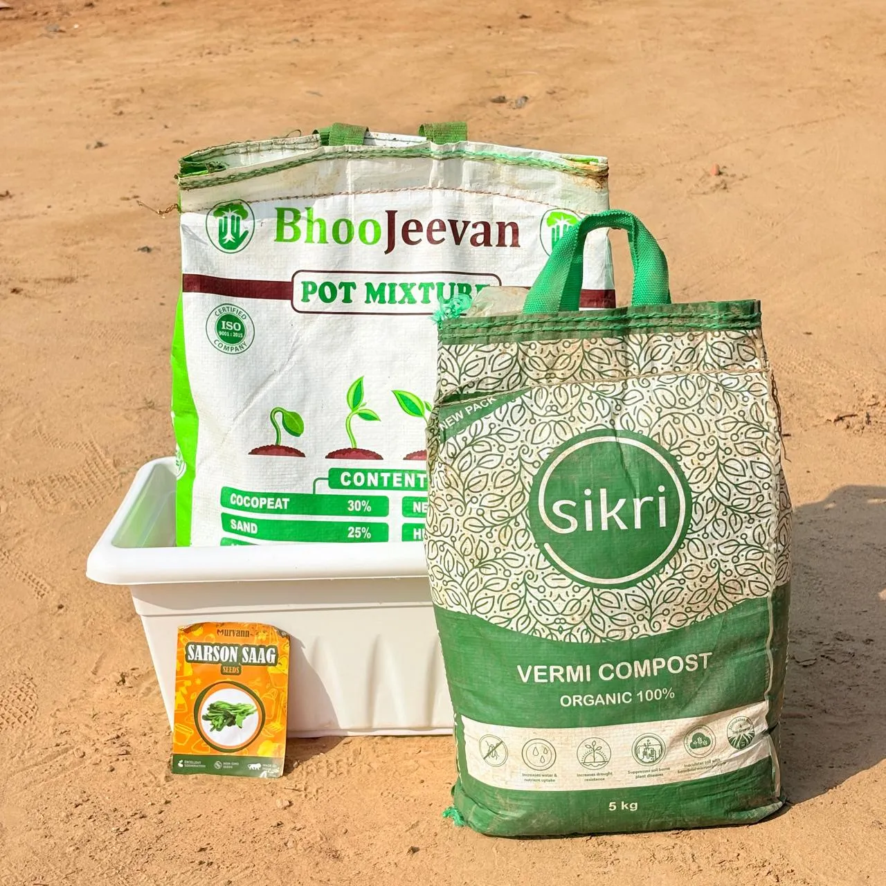 Sarso Saag Grow Kit - 17 Inch White Window Planter + 10Kg Soil Potting Mix + 5 Kg Vermicompost (Brands may vary)