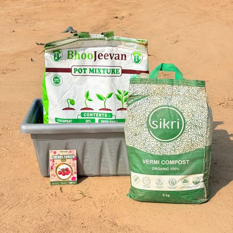 Cherry Tomato Grow Kit - 17 Inch Grey Window Planter + 10Kg Soil Potting Mix + 5 Kg Vermicompost (Brands may vary)