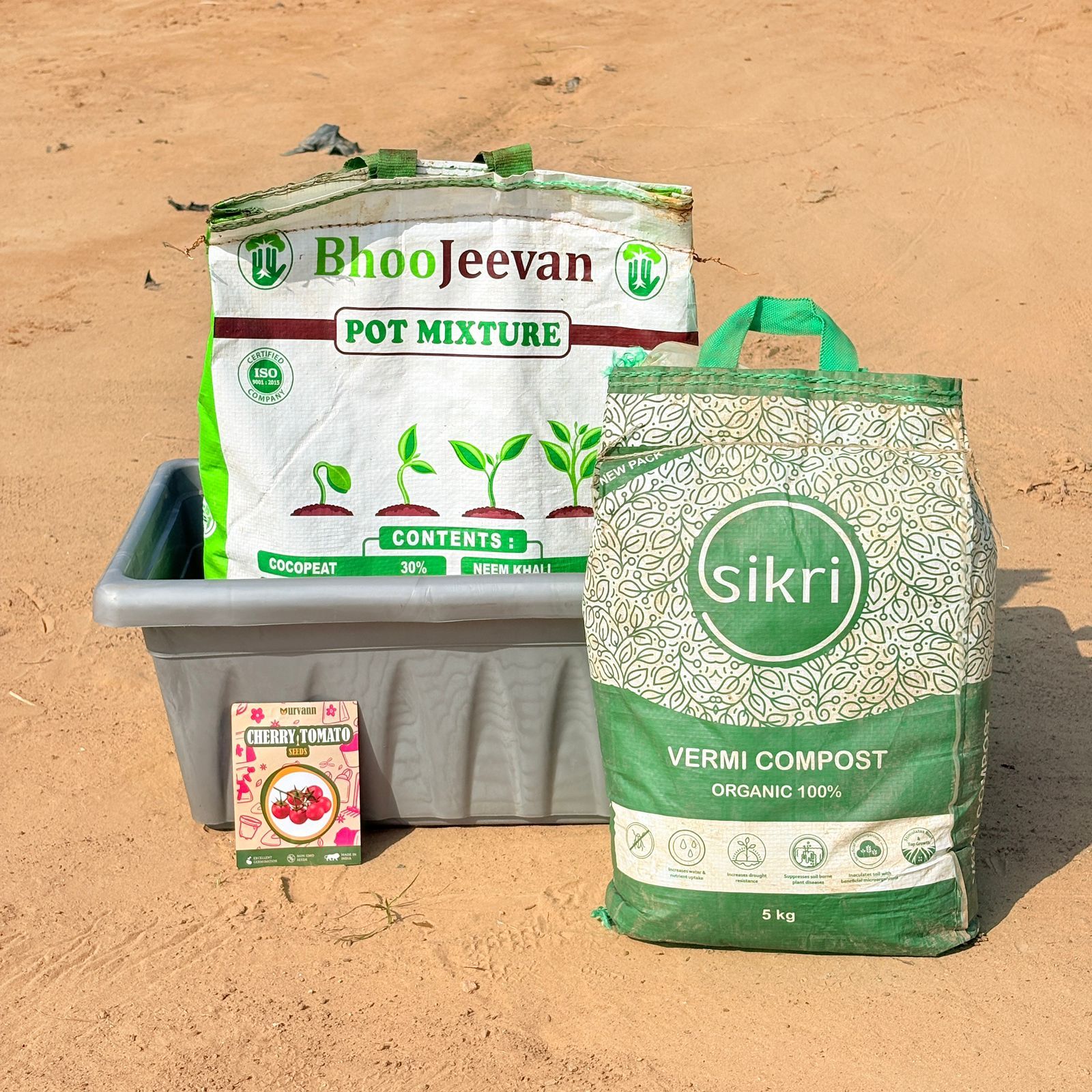 Cherry Tomato Grow Kit - 17 Inch Grey Window Planter + 10Kg Soil Potting Mix + 5 Kg Vermicompost (Brands may vary)