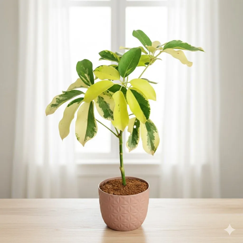 Schefflera Vareigated in 4 Inch Mocha Leafora Premium Plastic Planter