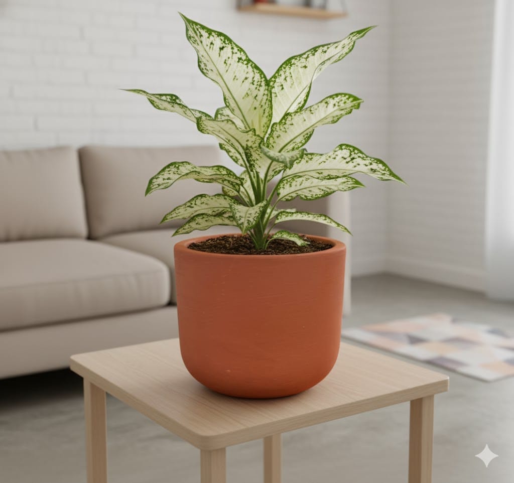 Aglaonema Snow White in 4 inch Aaroh Maati Pot - Modern Curved Handcrafted Appeal