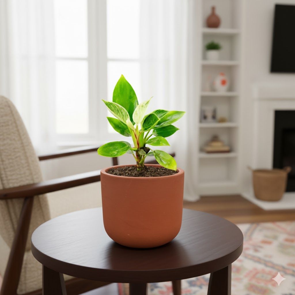 Philodendron Birkin in 4 inch Aaroh Maati Pot - Modern Curved Handcrafted Appeal