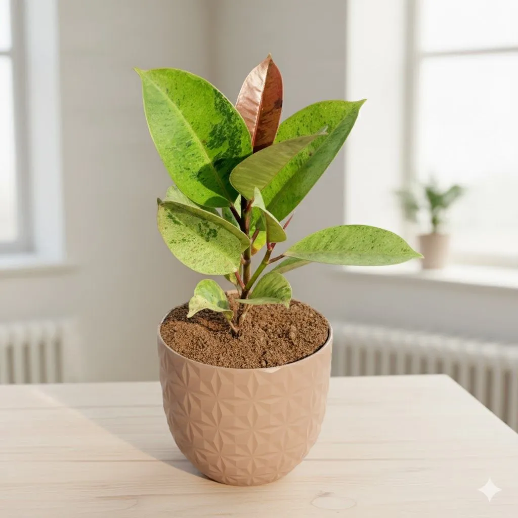 Rubber Vareigated in 4 Inch Mocha Leafora Premium Plastic Planter