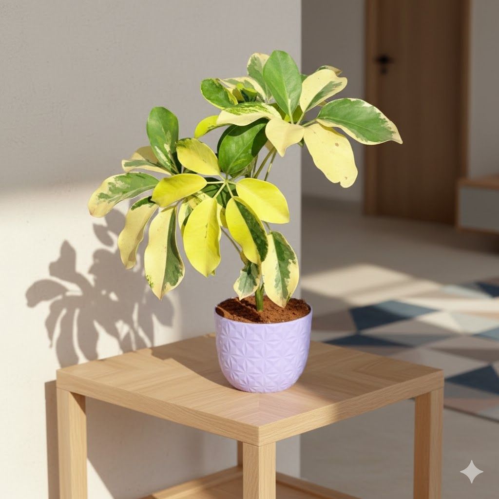 Schefflera Vareigated in 4 Inch Purple Leafora Premium Plastic Planter