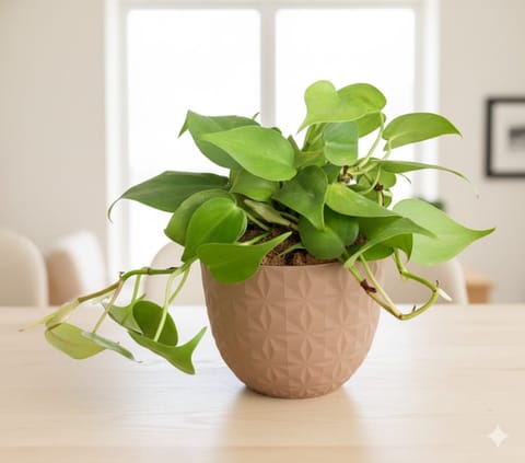 Gift Ready - Oxycardium Green in 4 Inch Mocha Leafora Premium Plastic Planter - with Gift Bag