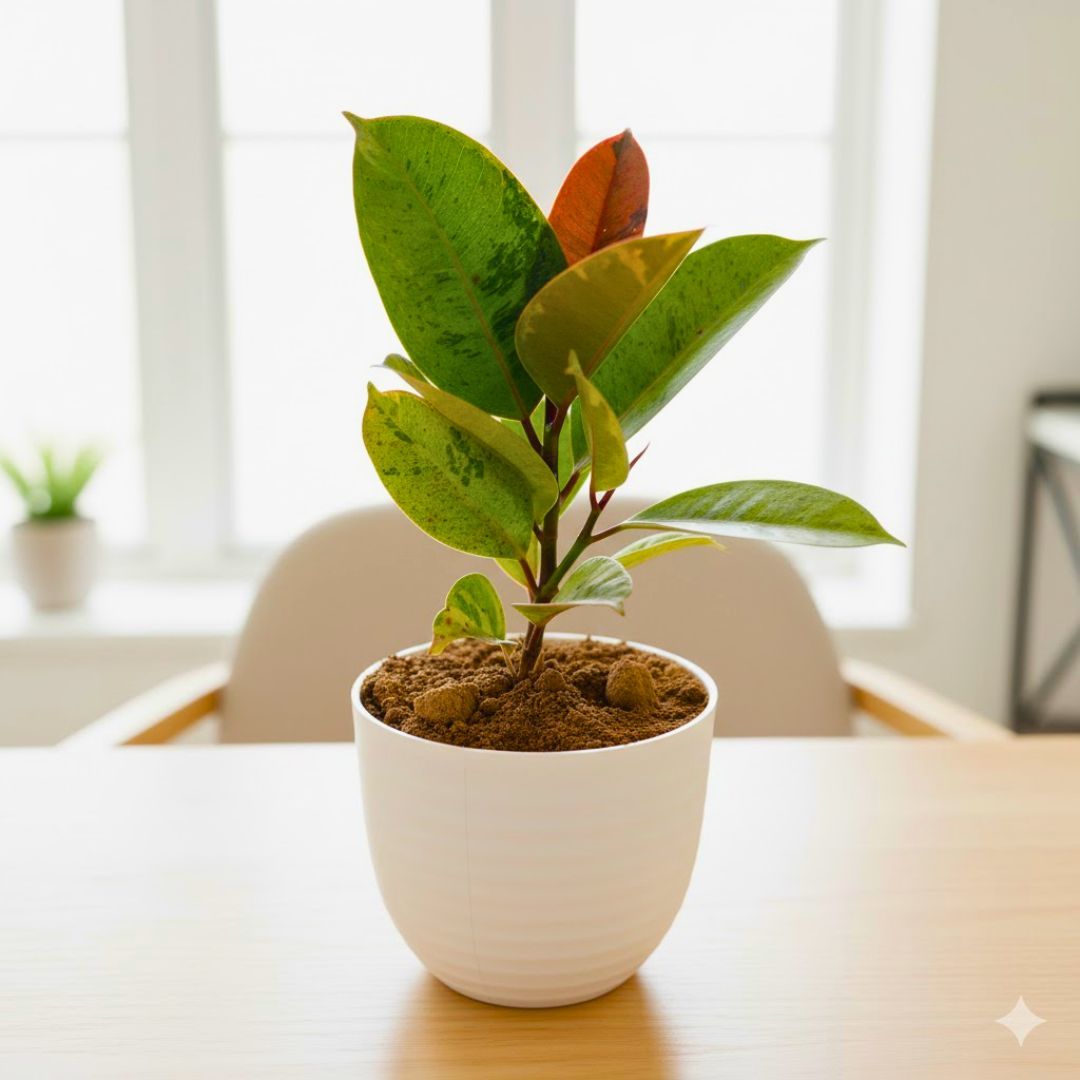 Gift Ready - Rubber Vareigated in 4 Inch White Avora Premium Plastic Planter - with Gift Bag