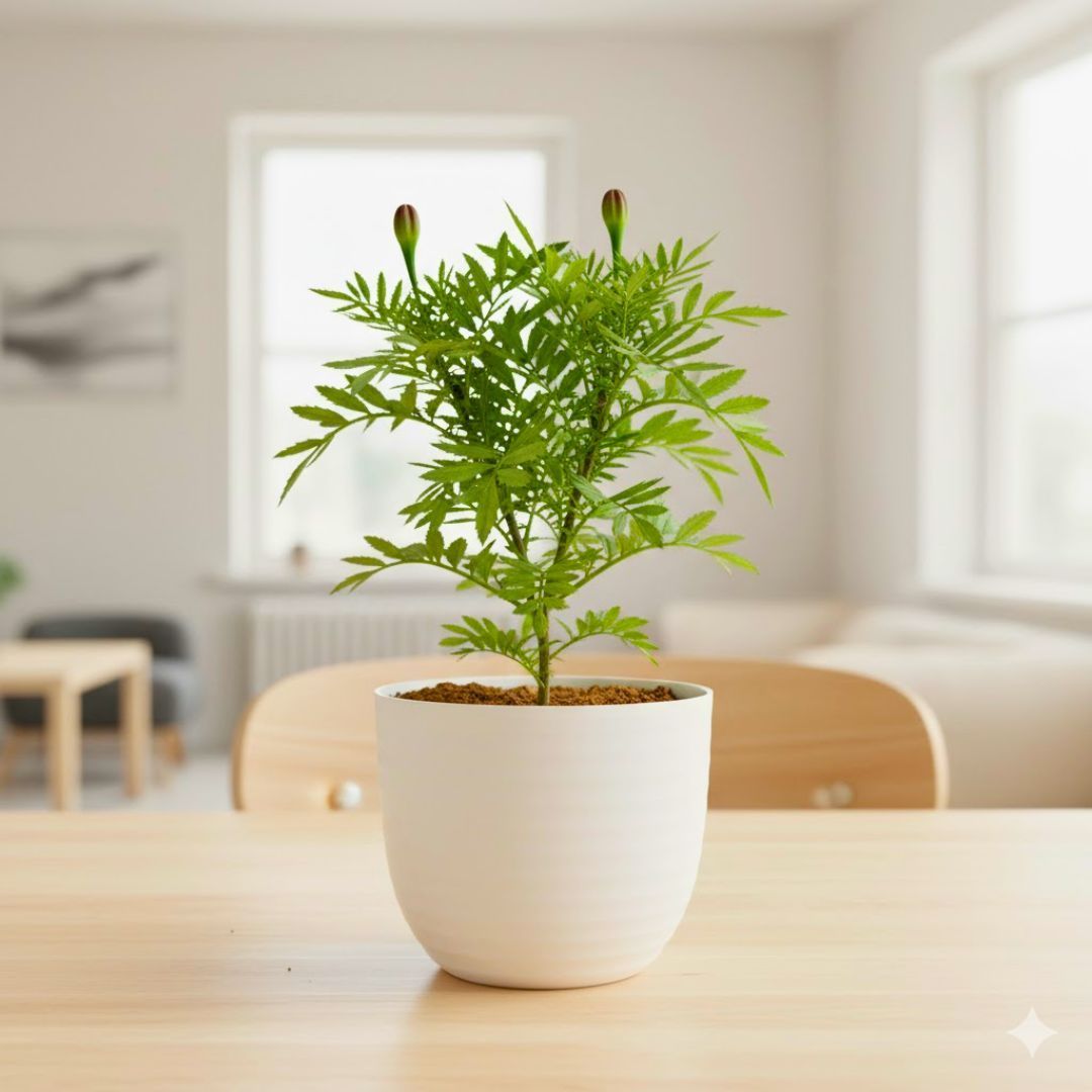 Gift Ready - Marigold Jafri (any colour) in 4 Inch White Avora Premium Plastic Planter - with Gift Bag