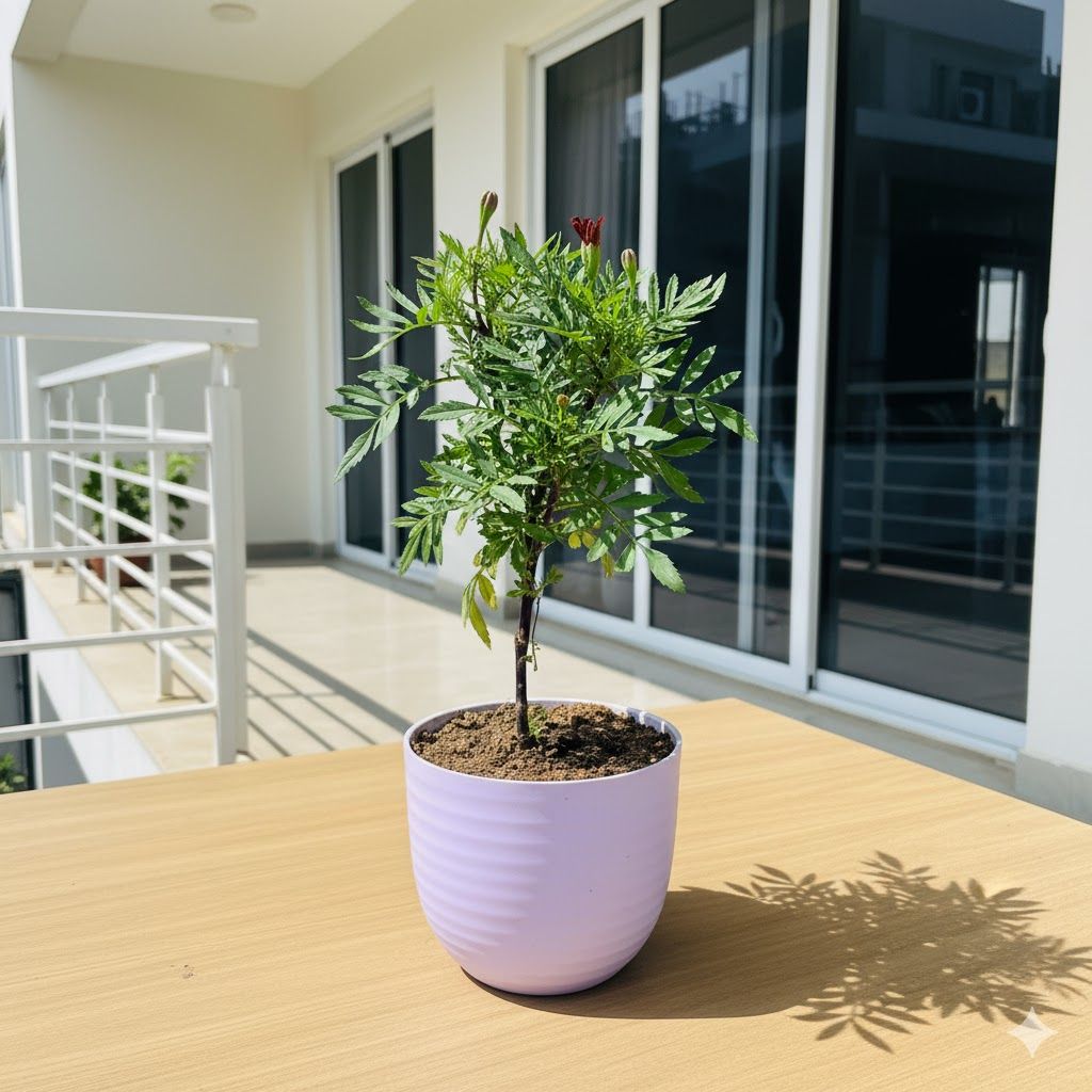 Gift Ready - Marigold Jafri (any colour) in 4 Inch Purple Avora Premium Plastic Planter - with Gift Bag