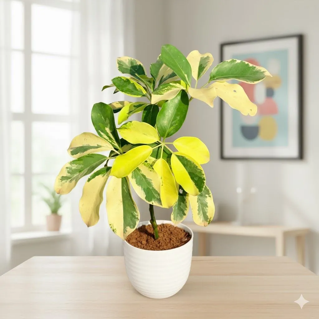 Gift Ready - Schefflera Vareigated in 4 Inch White Avora Premium Plastic Planter - with Gift Bag