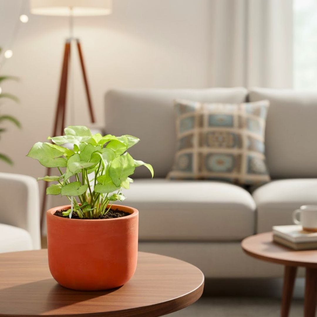 Gift Ready - Syngonium White in 4 inch Aaroh Maati Pot - Modern Curved Handcrafted Appeal - with Gift Bag