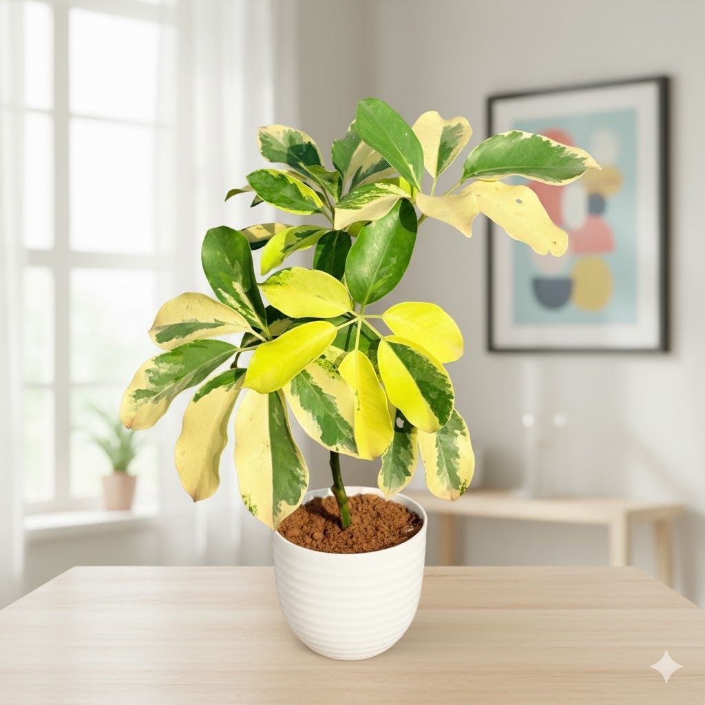 Gift Ready - Schefflera Vareigated in 4 Inch White Avora Premium Plastic Planter - with Gift Bag