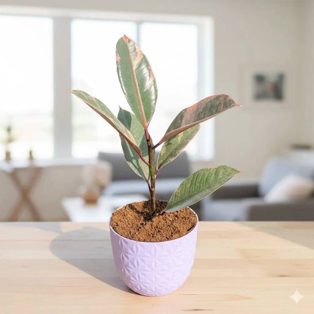 Gift Ready - Rubber Vareigated Pink in 4 Inch Purple Leafora Premium Plastic Planter - with Gift Bag