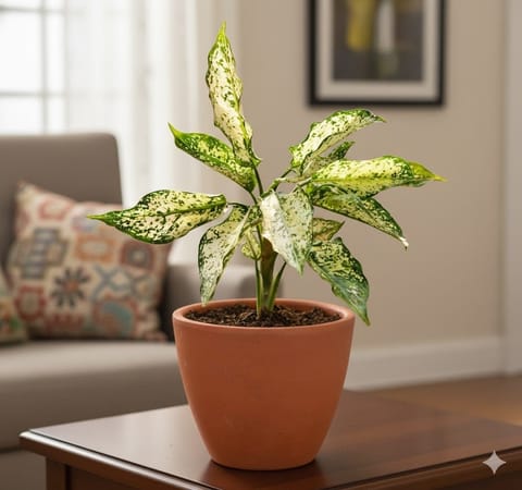 Gift Ready - Aglaonema Snow White in 4 inch Shilp Maati Pot - Chic Small Pot for Decor Corners - with Gift Bag