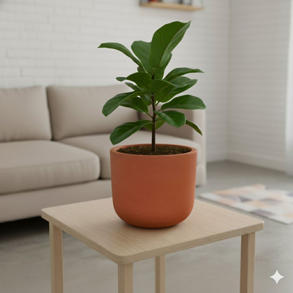 Gift Ready - Fiddle Leaf Fig in 4 inch Aaroh Maati Pot - Modern Curved Handcrafted Appeal - with Gift Bag