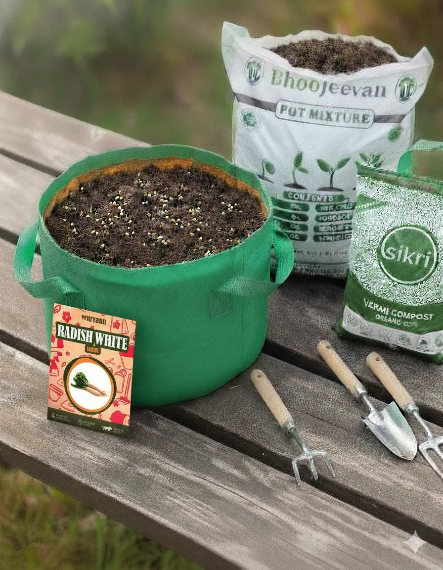 Set of 2 - Radish White  Essential Grow Kit - 18 X 9 Inch KIVO Grow Bag + 10Kg Potting Mix + 5 Kg Vermicompost (Brands may vary)