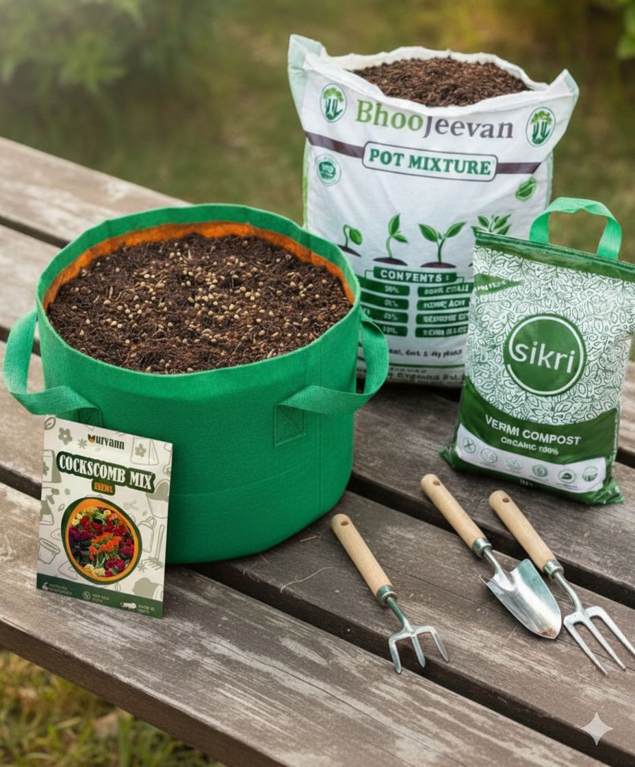 Set of 2 - Cockscomb Mixed  Essential Grow Kit - 18 X 9 Inch KIVO Grow Bag + 10Kg Potting Mix + 5 Kg Vermicompost (Brands may vary)