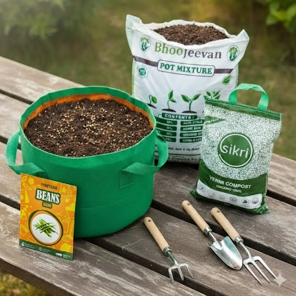 Set of 2 - Beans  Essential Grow Kit - 18 X 9 Inch KIVO Grow Bag + 10Kg Potting Mix + 5 Kg Vermicompost (Brands may vary)