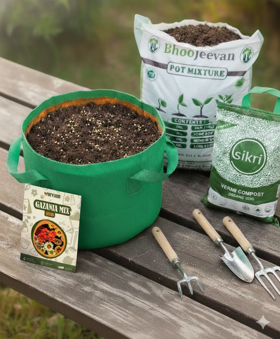 Set of 2 - Gazania  Essential Grow Kit - 18 X 9 Inch KIVO Grow Bag + 10Kg Potting Mix + 5 Kg Vermicompost (Brands may vary)