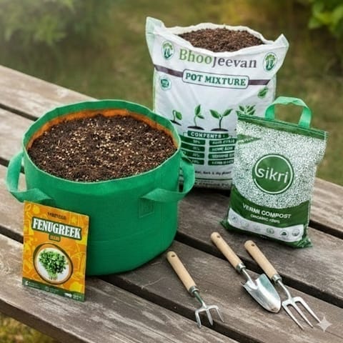 Kasturi Methi  Essential Grow Kit - 18 X 9 Inch KIVO Grow Bag + 10Kg Potting Mix + 5 Kg Vermicompost (Brands may vary)