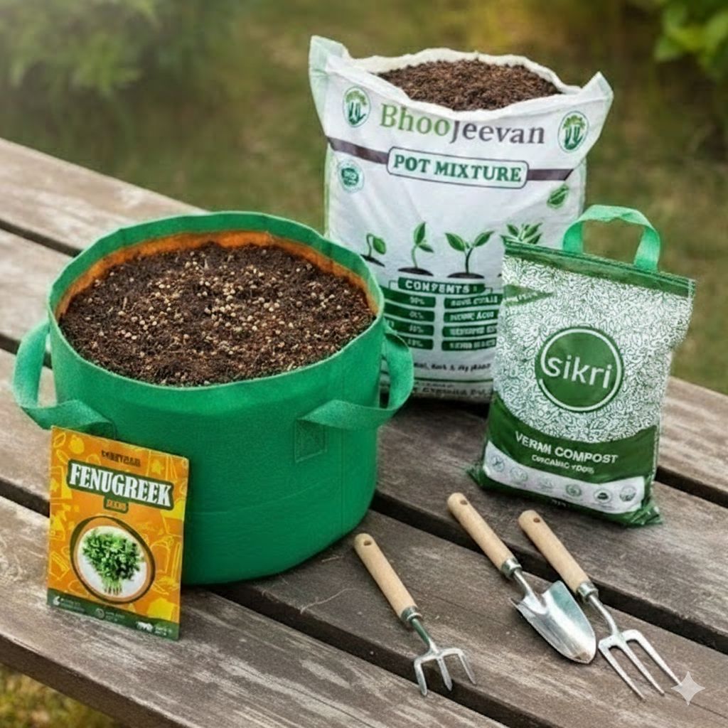 Set of 2 - Kasturi Methi  Essential Grow Kit - 18 X 9 Inch KIVO Grow Bag + 10Kg Potting Mix + 5 Kg Vermicompost (Brands may vary)