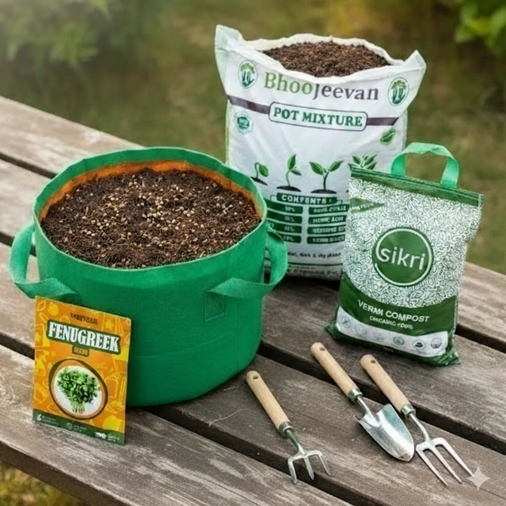 Set of 2 - Kasturi Methi  Essential Grow Kit - 18 X 9 Inch KIVO Grow Bag + 10Kg Potting Mix + 5 Kg Vermicompost (Brands may vary)