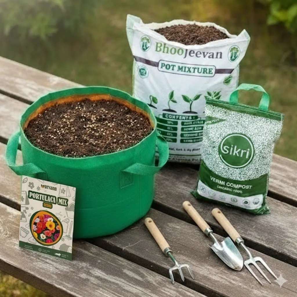 Set of 2 - Portulaca Double Mixed  Essential Grow Kit - 18 X 9 Inch KIVO Grow Bag + 10Kg Potting Mix + 5 Kg Vermicompost (Brands may vary)