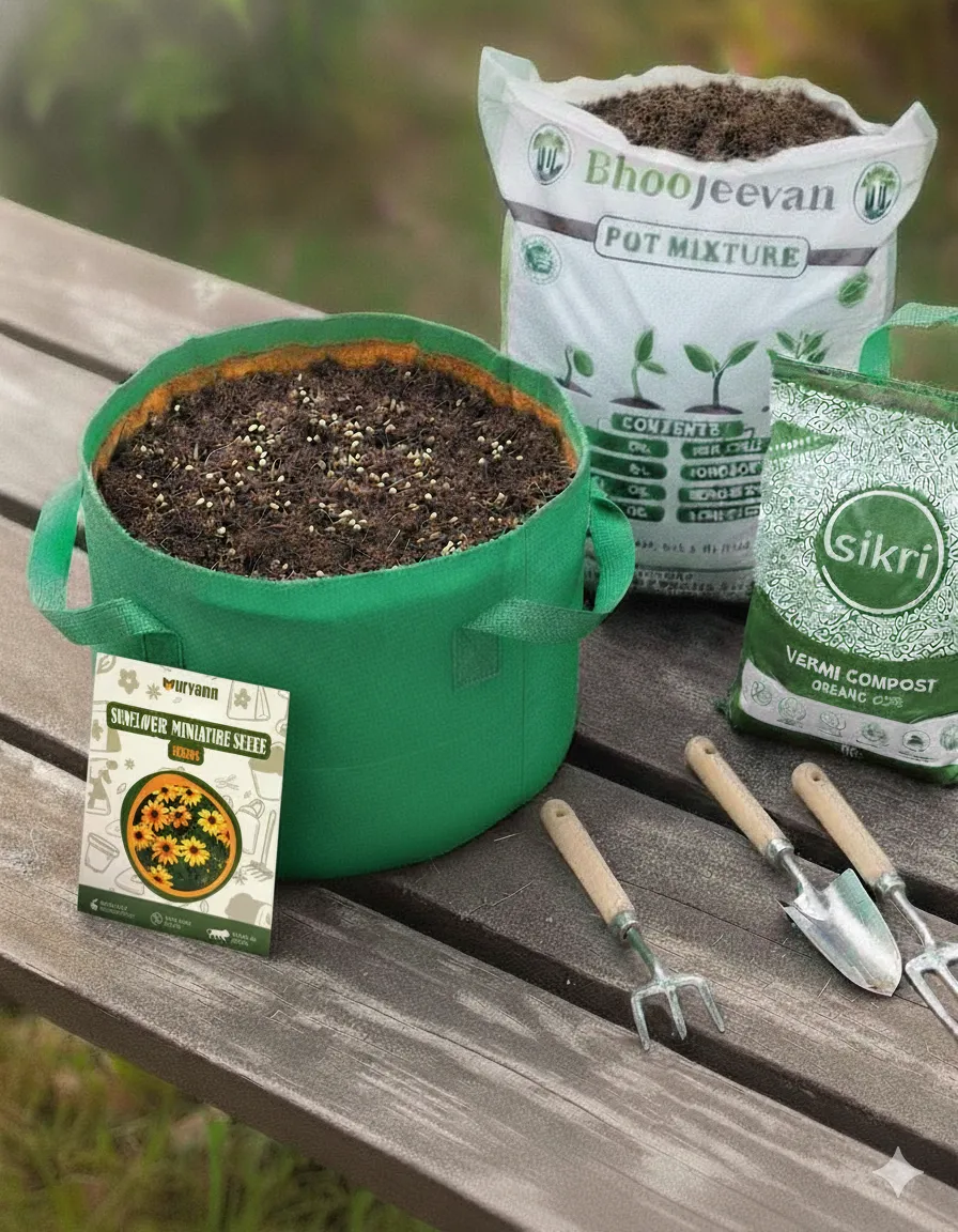 Set of 2 - Sunflower Miniature  Essential Grow Kit - 18 X 9 Inch KIVO Grow Bag + 10Kg Potting Mix + 5 Kg Vermicompost (Brands may vary)