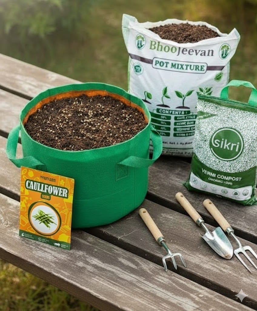Set of 2 - Cauliflower  Essential Grow Kit - 18 X 9 Inch KIVO Grow Bag + 10Kg Potting Mix + 5 Kg Vermicompost (Brands may vary)