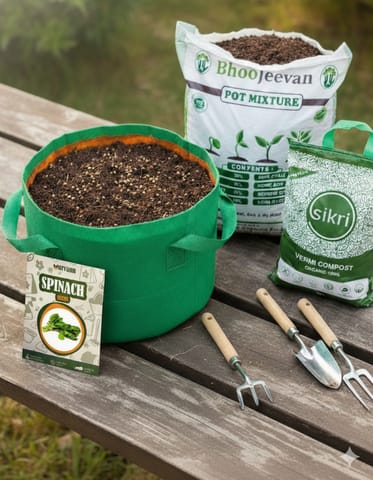 Set of 2 - Spinach / Palak  Essential Grow Kit - 18 X 9 Inch KIVO Grow Bag + 10Kg Potting Mix + 5 Kg Vermicompost (Brands may vary)