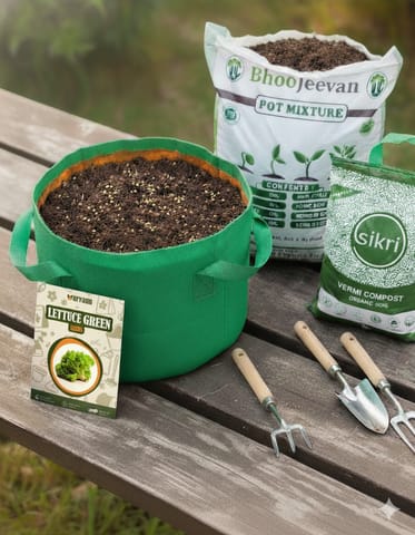Lettuce Green  Essential Grow Kit - 18 X 9 Inch KIVO Grow Bag + 10Kg Potting Mix + 5 Kg Vermicompost (Brands may vary)