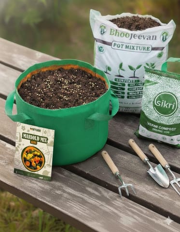 French Marigold  Essential Grow Kit - 18 X 9 Inch KIVO Grow Bag + 10Kg Potting Mix + 5 Kg Vermicompost (Brands may vary)