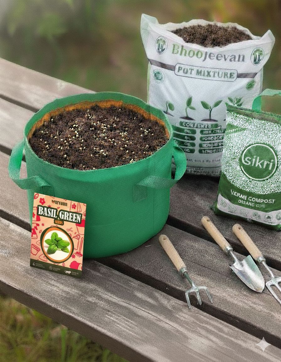 Basil Green  Essential Grow Kit - 18 X 9 Inch KIVO Grow Bag + 10Kg Potting Mix + 5 Kg Vermicompost (Brands may vary)