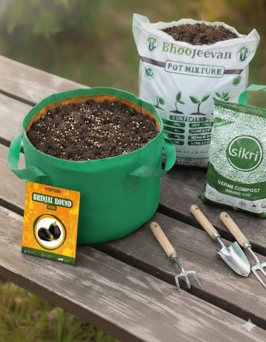 Brinjal Round  Essential Grow Kit - 18 X 9 Inch KIVO Grow Bag + 10Kg Potting Mix + 5 Kg Vermicompost (Brands may vary)