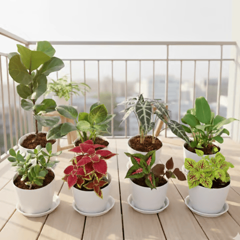 Balcony Steal - Set of 8 - Coleus Trusty Rusty, Coleus Wizard Rose, Coleus ColorBlaze Golden Dreams, Crassula, Peace Lily , Alocasia Amazonica, Philodendron Birkin & Fiddle Leaf Fig / Ficus Lyrata in 6 Inch White Premium Sphere Plastic Pot with Tray