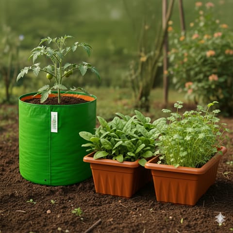Kitchen Garden Kit - Grow Tomatoes, Coriander, Spinach-  2 pcs 20 inch terra red window pots + 12by12 Grow Bag + 30 Kg Potting Mix + 15 Kg Vermicompost + 3 Seeds packet