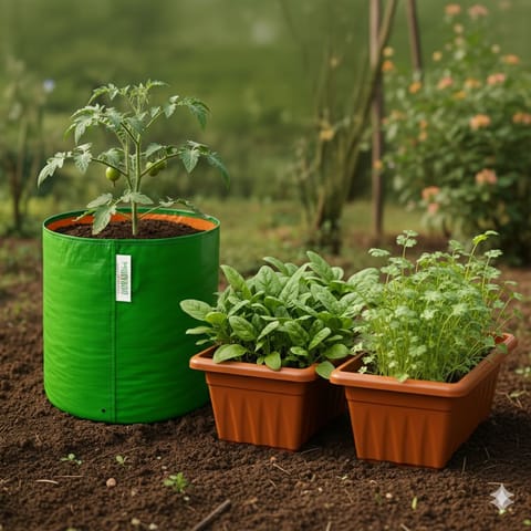 Kitchen Garden Kit - Grow Tomatoes, Coriander, Spinach-  2 pcs 20 inch terra red window pots + 12by12 Grow Bag + 30 Kg Potting Mix + 15 Kg Vermicompost + 3 Seeds packet