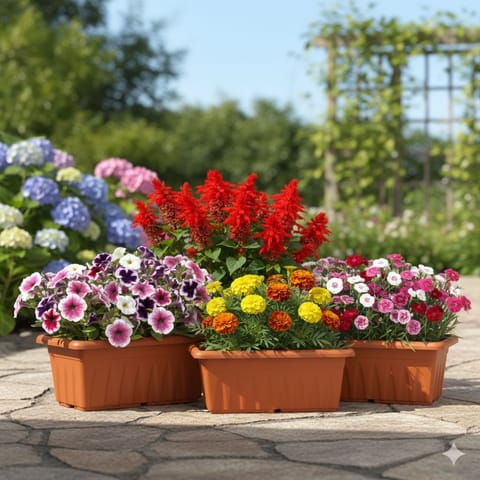 Winter Blooming Flower Garden Kit - Grow Petunias, Marigolds, Dianthus & Chrysanthemums - 4 pcs 20 inch terra red window pots + 30 Kg Potting Mix + 15 Kg Vermicompost + 4 Seeds packet
