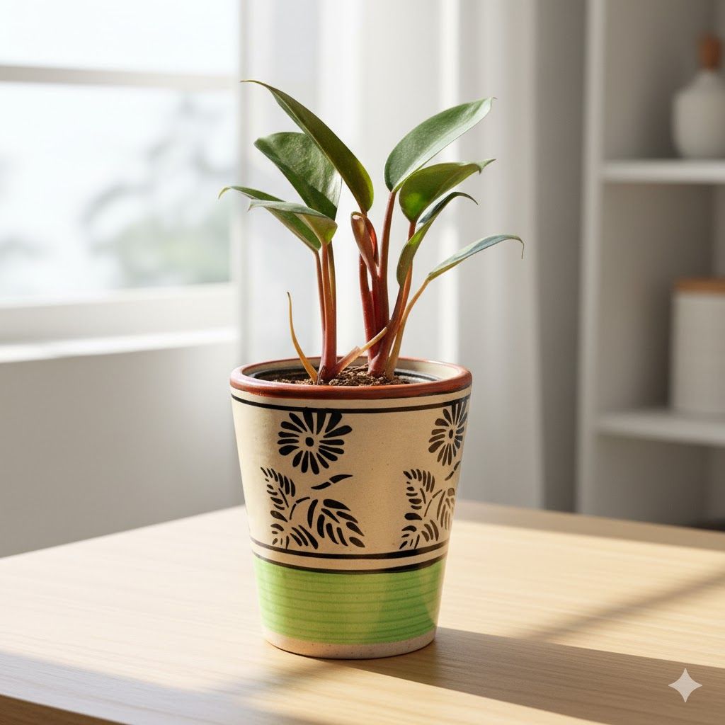 Philodendron Red in 5 Inch Green Black Flower Designer Balti Shaped Ceramic Pot