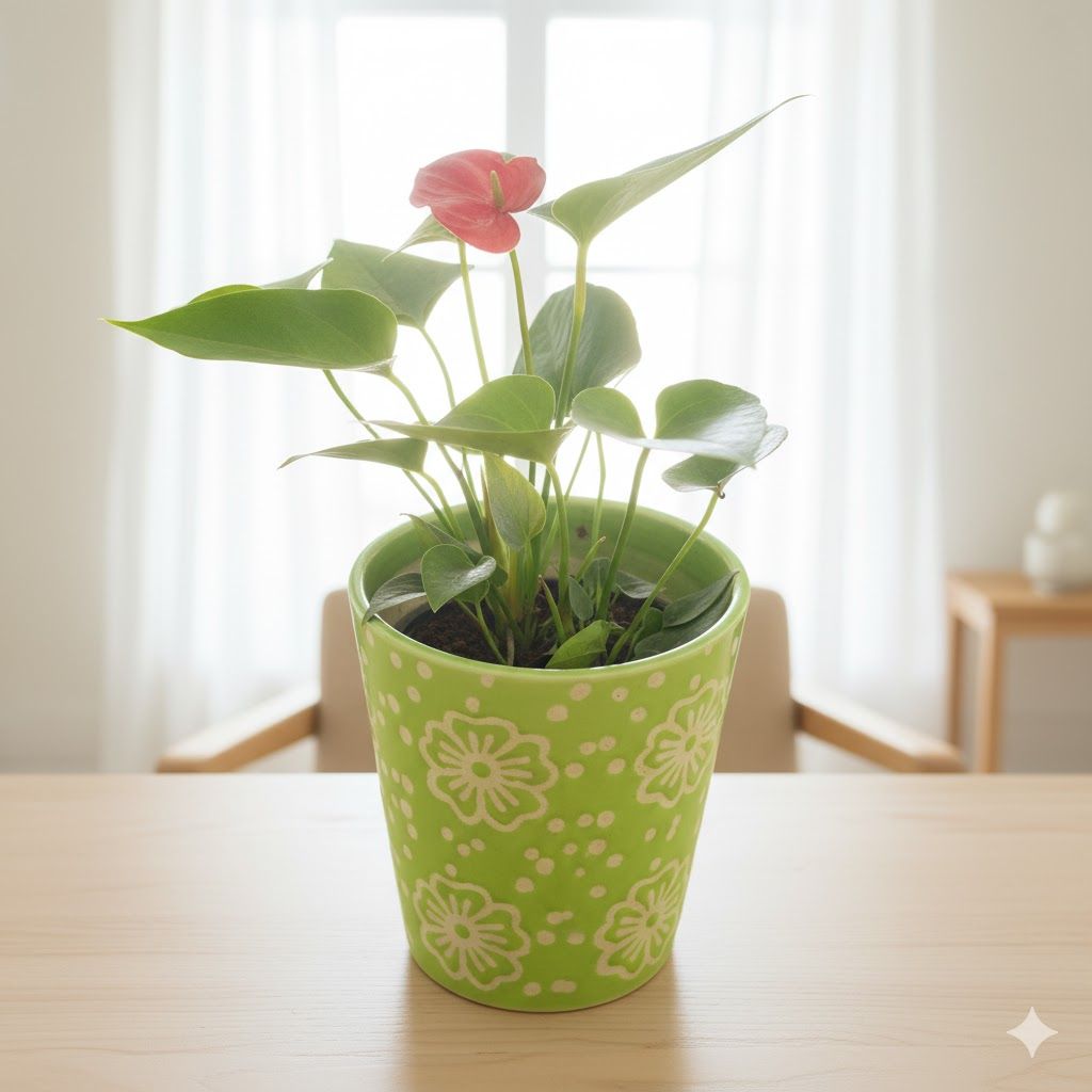 Anthurium (Any Colour) in 7 Inch Green Floral Designer Taper Ceramic Pot