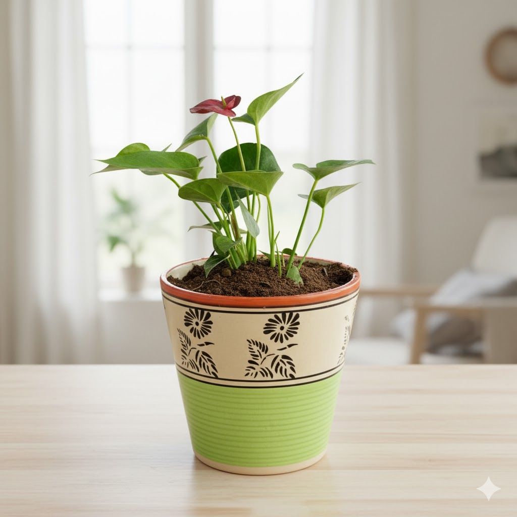 Anthurium in 5 Inch Green Black Flower Designer Balti Shaped Ceramic Pot