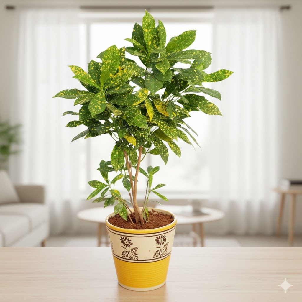 Baby Croton  in 7 inch Yellow Black Flower Designer Balti Shaped Ceramic Pot