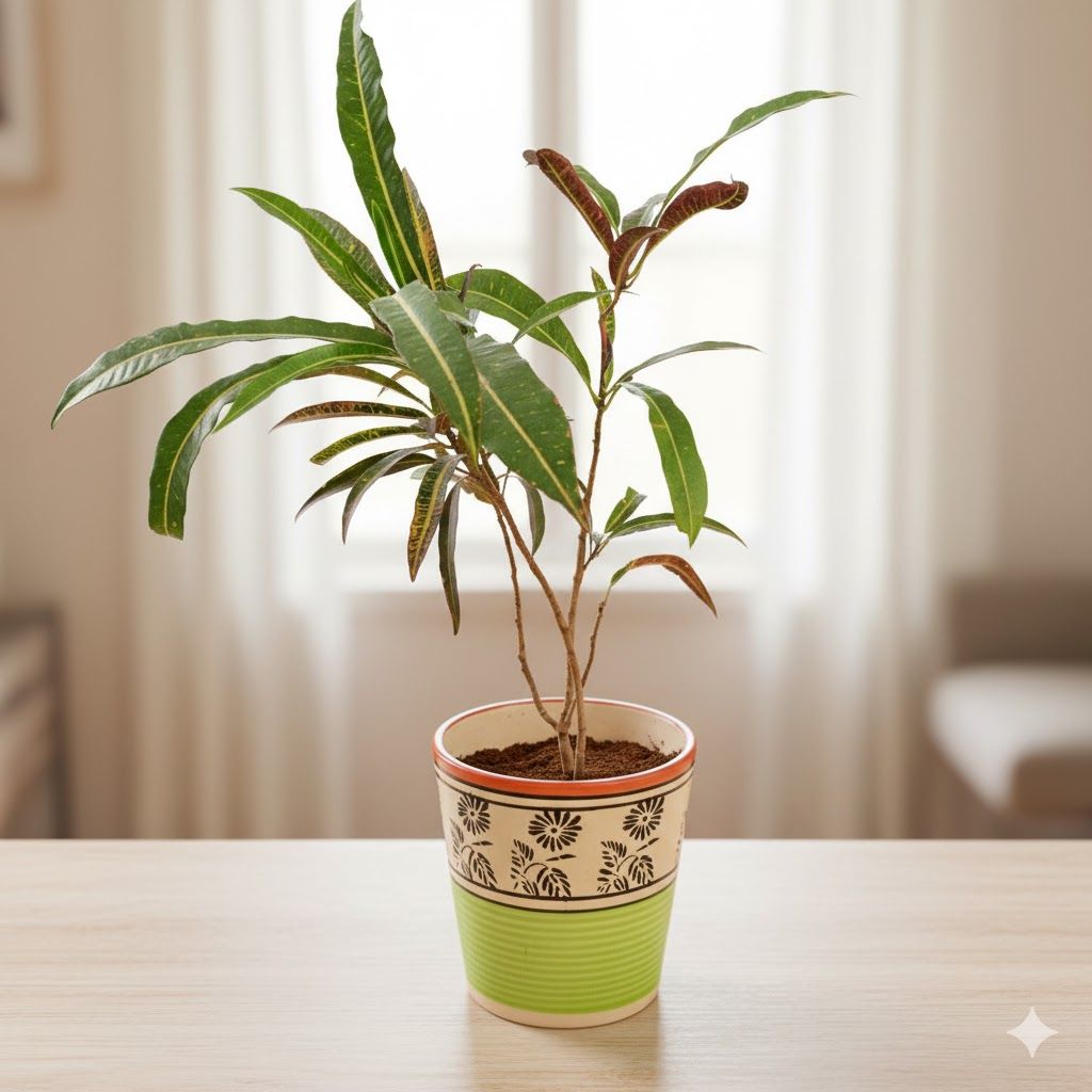 Croton in 5 Inch Green Black Flower Designer Balti Shaped Ceramic Pot