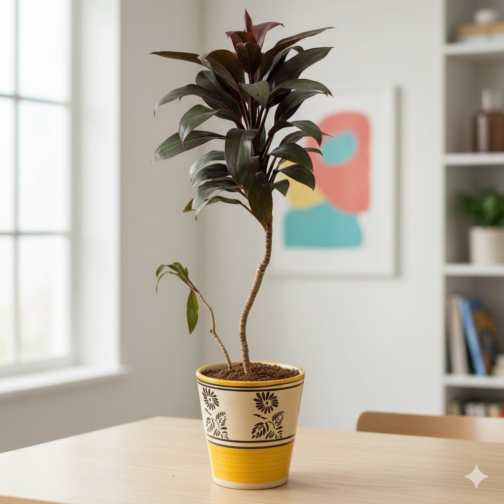 Dracaena Rosea Small in 5 Inch Yellow Black Flower Designer Balti Shaped Ceramic Pot